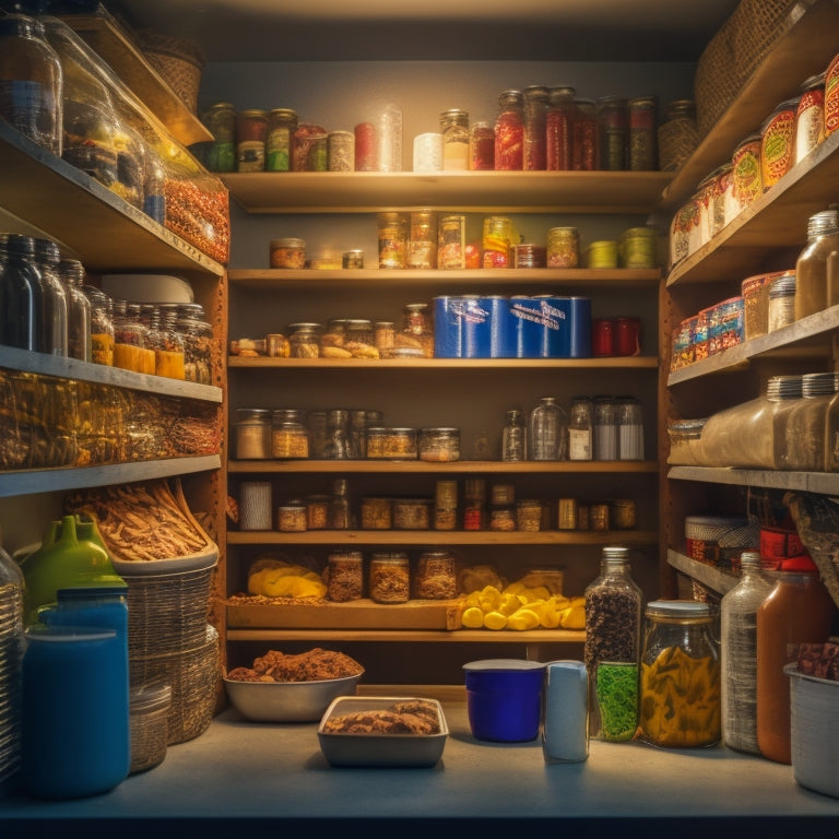 A cluttered pantry with open shelves, expired cans, and tangled cords in the foreground, contrasted with a tidy, sliding drawer system and a few, organized jars in the background, lit by a single, warm light source.