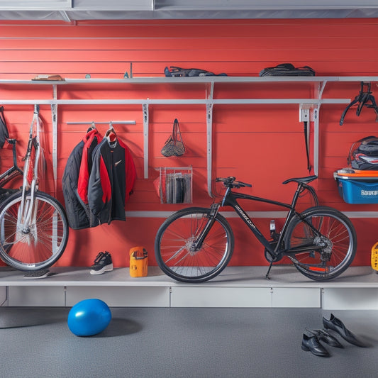 A tidy garage with a slatwall featuring six hooks, three bins, and a shelf, surrounded by a red sports car, a bicycle, and a few organized storage containers, with a subtle gradient background.