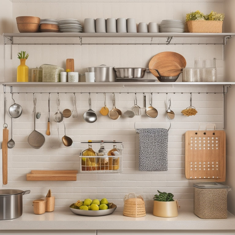 A clutter-free apartment kitchen with a pegboard on the wall, utensils hanging from hooks, a spice rack on the side of a cabinet, and a cart with baskets and a built-in trash can.