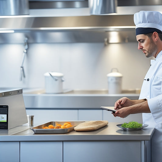 A clean, modern commercial kitchen with stainless steel countertops, a chef in a white apron and hat, and a tablet displaying a digital food safety certification on the counter.