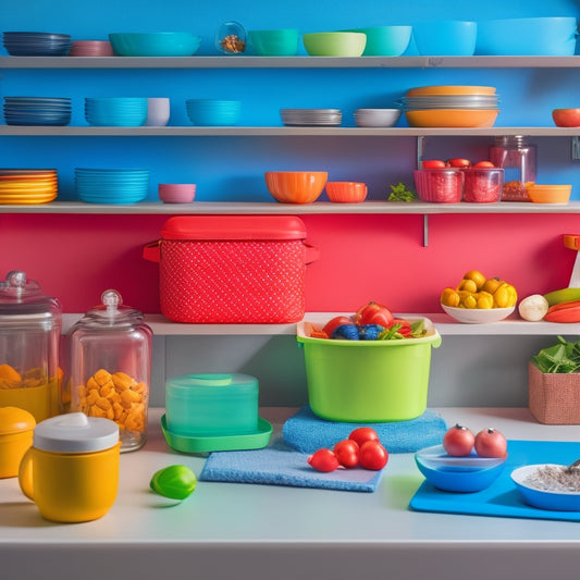 A bright, modern kitchen with sleek countertops, featuring a variety of vibrant silicone storage containers in different shapes and sizes, neatly organized and stacked, with a few utensils and ingredients scattered around.
