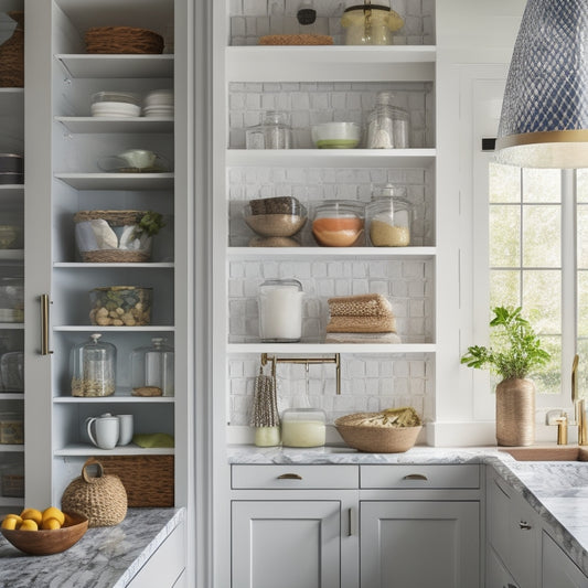 A stylish, modern pantry with open shelving, glass containers, and a bold, geometric-patterned backsplash, illuminated by pendant lighting and a large, farmhouse-style window.