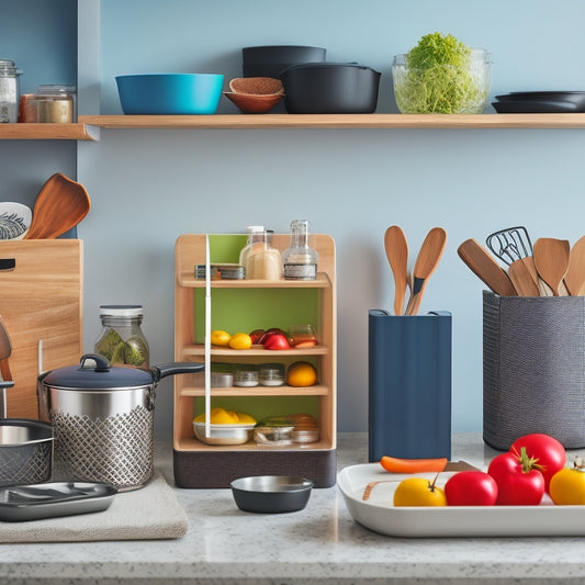 A compact kitchen scene featuring multi-functional tools: a tiered spice rack, a collapsible cutting board, stackable storage containers, and a magnetic knife strip, all arranged harmoniously in a small, stylish kitchen.