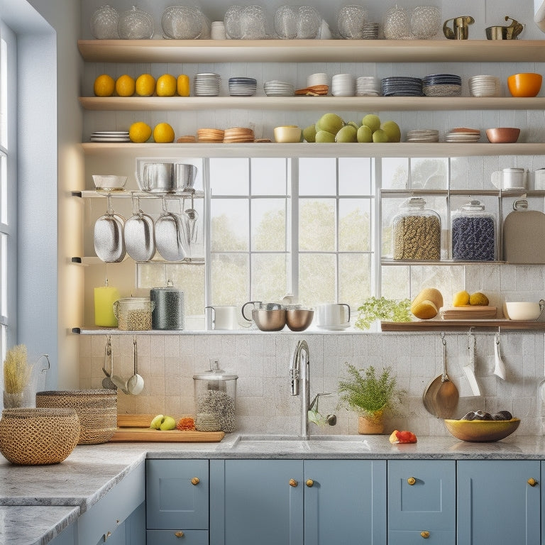 A cozy small kitchen featuring vertical shelves filled with colorful jars, a stylish fruit bowl, hanging mugs, and a sleek spice rack, all harmoniously arranged on a bright countertop surrounded by warm, inviting lighting.
