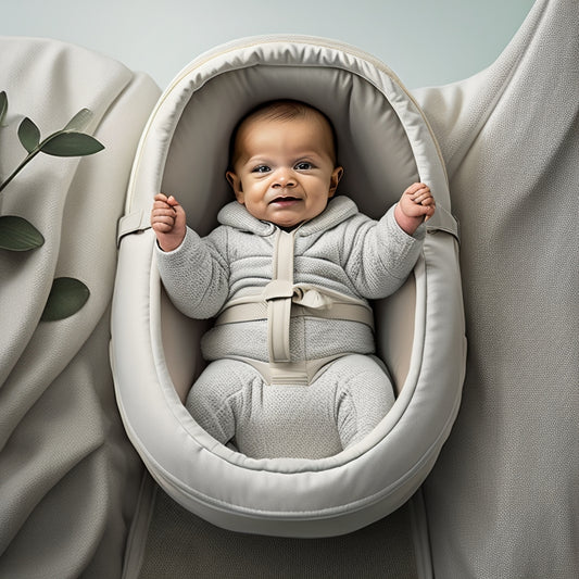 A serene, minimalist illustration of a happy baby snugly secured in an Ergobaby carrier, surrounded by faint, simplified instructional arrows and gentle, swirling lines, on a soft, creamy background.