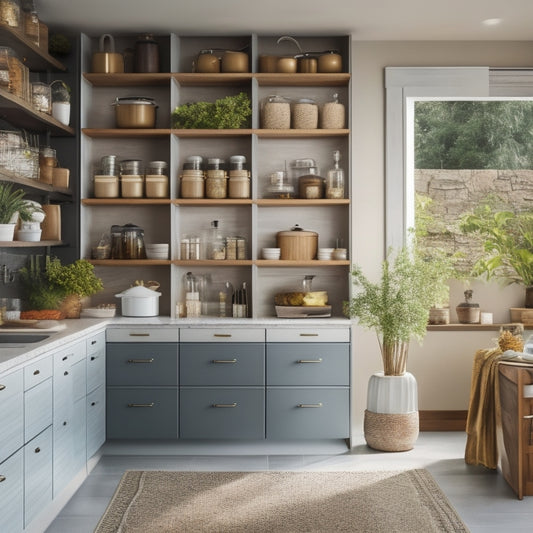 A modern kitchen showcasing sleek, multi-tiered organizers filled with spices, pots, and utensils. Incorporate pull-out shelves, hanging racks, and a compact pantry, all bathed in soft natural light for a spacious, efficient atmosphere.