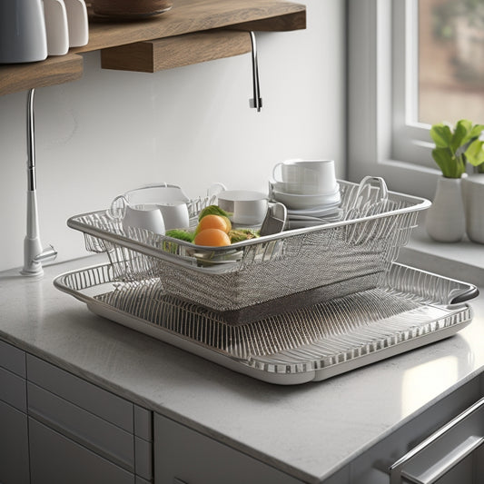 A compact, multi-tier dish drainer with a sleek, modern design, nestled in a small kitchen sink. Sunlight filters through a window, casting gentle shadows on neatly stacked plates and utensils, highlighting efficient organization.