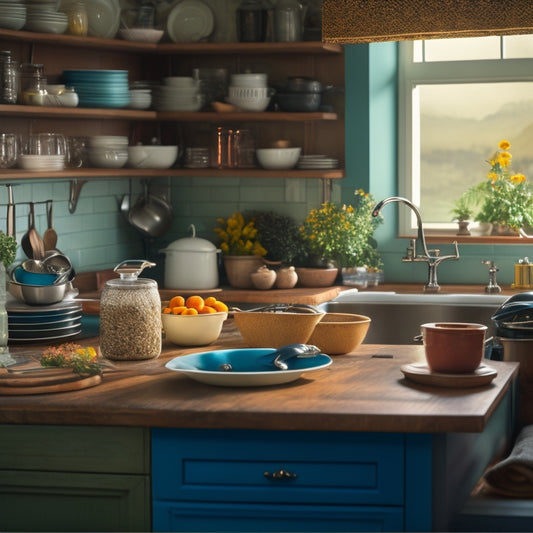 A warm and inviting kitchen with cluttered countertops, overflowing cabinets, and a sink piled high with dirty dishes, contrasted with a clean and organized kitchen in the background.