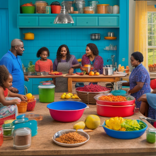 A colorful kitchen scene with students of diverse ages and abilities gathered around a central island, surrounded by various food storage containers, baskets, and labels, amidst a backdrop of utensils and kitchen tools.