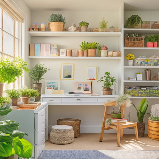 A serene, naturally lit craft room and home office with a sleek, white desk, surrounded by neatly labeled storage bins, colorful art supplies, and a few carefully placed potted plants.
