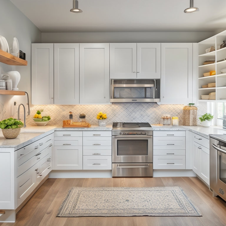 A bright, modern galley kitchen with sleek white cabinets, stainless steel appliances, and a warm wood countertop, featuring a pull-out pantry, spice rack, and tiered shelving for optimal storage.