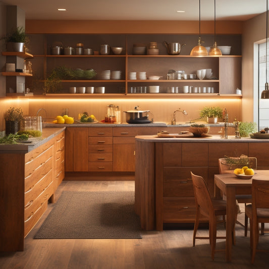 A well-lit, modern kitchen with a large, wooden kitchen cart at its center, featuring multiple drawers, shelves, and cabinets in a warm, honey-brown finish, surrounded by sleek appliances and utensils.