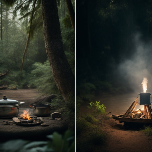 A split-screen image featuring a desert island with a makeshift shelter and a campfire on one side, and a dense forest with a portable stove and utensils on the other, both surrounded by lush greenery.