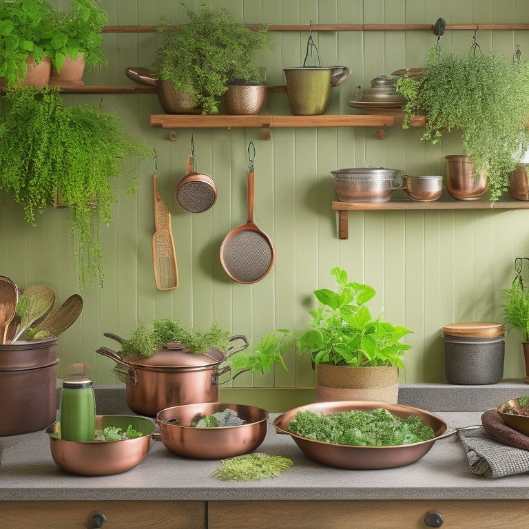 A rustic kitchen featuring a wooden wall-mounted pot rack, displaying an array of gleaming copper pots, hanging herbs, and kitchen utensils, with warm lighting and a backdrop of vibrant green potted plants.