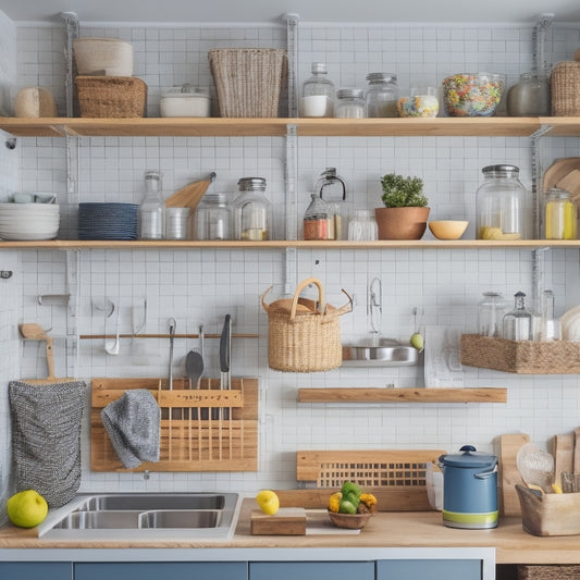 A bright, organized kitchen with a mix of open shelving and cabinets, featuring a pegboard with hanging utensils, a repurposed ladder as a storage rack, and woven baskets on upper shelves.