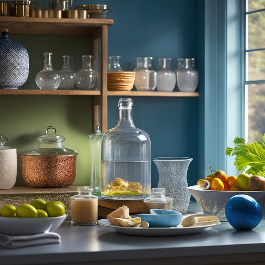 A warm, inviting kitchen scene showcasing elegant glassware and ceramic dish collections illuminated by soft under-cabinet lighting, casting gentle shadows, with a polished countertop reflecting the glow, enhancing the vibrant colors of the kitchenware.