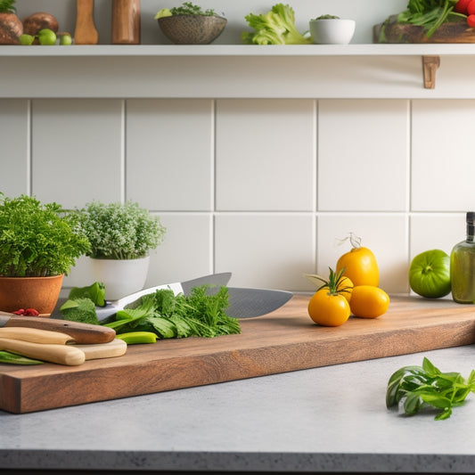 A sleek kitchen scene featuring a wooden magnetic knife holder mounted on a modern backsplash, with a variety of high-quality knives elegantly displayed, surrounded by fresh herbs and colorful vegetables on a marble countertop.