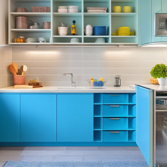 A sleek, modern kitchen with a vibrant under-sink area showcasing a variety of modular storage solutions. Clear bins, pull-out drawers, and adjustable shelves in soft pastels, all organized neatly for easy access.