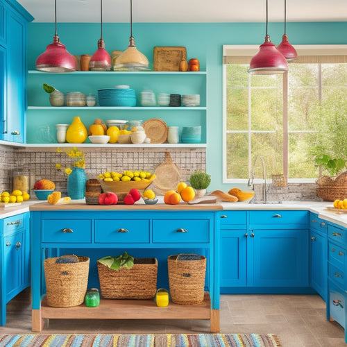 A bright, modern kitchen featuring a spacious island with sleek, open shelving. Colorful glass jars filled with spices, neatly arranged utensils, and vibrant fruits in wicker baskets create an inviting, organized atmosphere.