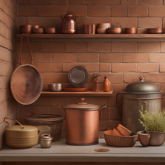 Image prompt: A rustic, cream-painted brick wall with distressed wooden shelves, adorned with vintage metal lanterns, copper pots, and woven baskets, against a warm, earthy-toned kitchen backdrop.