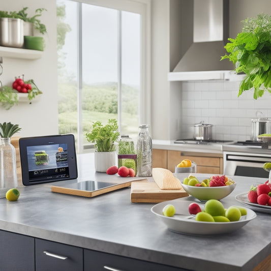 A clean and modern kitchen with stainless steel countertops, gleaming utensils, and a tablet displaying a virtual classroom, surrounded by fresh fruits and vegetables, with a subtle hint of a certificate in the background.
