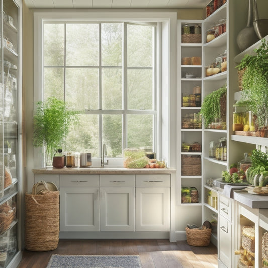 A modern kitchen showcasing a sleek, wooden freestanding pantry unit filled with neatly organized jars, canned goods, and baskets, surrounded by vibrant greenery and soft natural light streaming through a window.