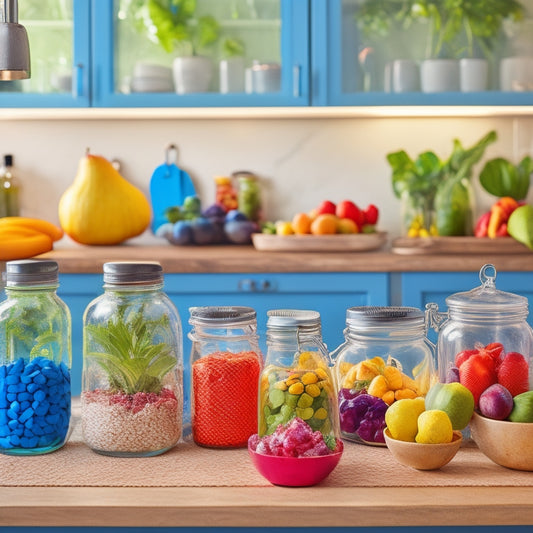 A colorful, organized kitchen countertop with various-sized glass containers, mason jars, and reusable bags filled with gluten-free meals, surrounded by a few fresh fruits and herbs.