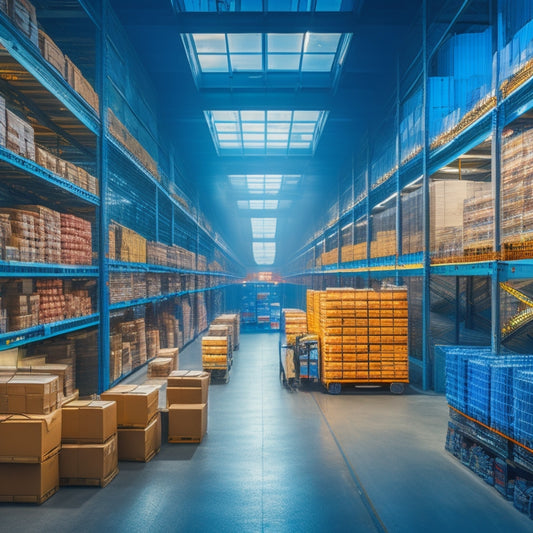 A sprawling cold storage warehouse with rows of refrigerated shelves, pallets stacked with perishable goods, and forklifts whizzing by, set against a backdrop of city skyscrapers and retail storefronts.