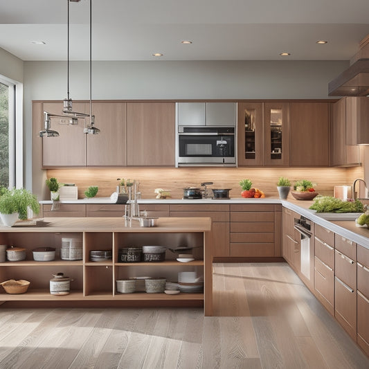 A modern kitchen showcasing a sleek island with elegant pull-out drawers, filled with organized utensils, pots, and pans. Soft lighting illuminates the warm wood tones and polished countertops, creating an inviting culinary space.