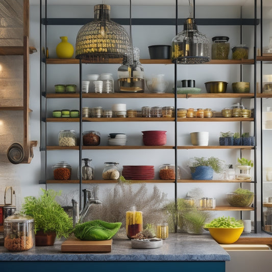 A modern kitchen showcasing sleek tiered shelving units filled with vibrant spice jars, colorful dishware, and fresh herbs, illuminated by warm pendant lights, creating an organized and inviting culinary space.