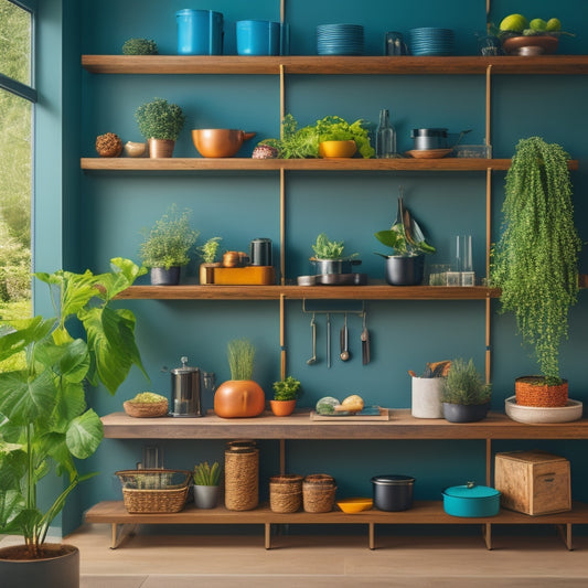 A sleek, modern kitchen featuring a multi-functional wall rack made of wood and metal, showcasing hanging pots, utensils, and spices, surrounded by vibrant greenery and organized shelves, evoking a sense of efficiency and style.