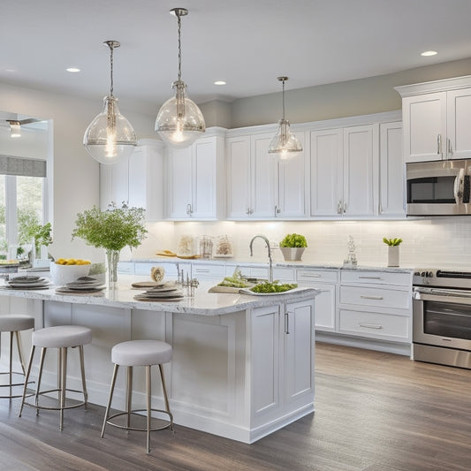 A bright, modern kitchen with white cabinets, quartz countertops, and stainless steel appliances, featuring a large island with a built-in cooktop and pendant lighting above.