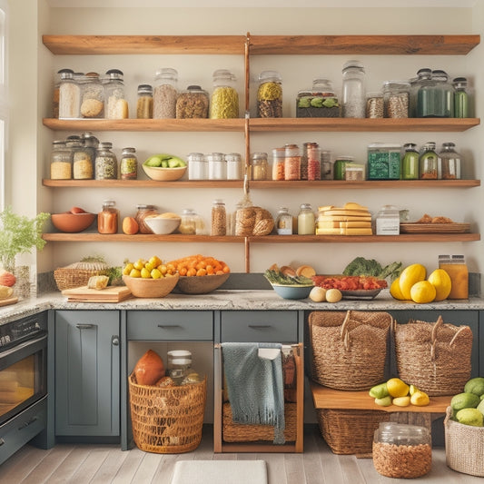 A clutter-free kitchen countertop with a few strategically placed baskets, a tiered spice rack, and a pull-out pantry organizer, surrounded by keto-friendly food items like avocados and lean meats.
