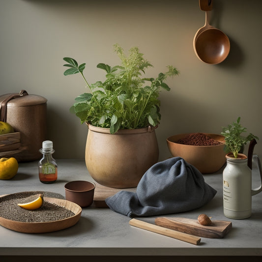 A kitchen countertop with a worn wooden spoon, a small potted herb, and a few imperfect fruits, surrounded by a minimalist cookbook, a reusable shopping bag, and a compost bin with a small sign made of natural materials.