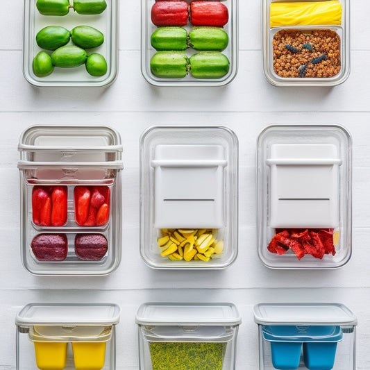 A colorful, overhead shot of 5-7 assorted meal prep containers, arranged artfully on a clean, white background, with varying sizes, shapes, and materials (glass, plastic, stainless steel).