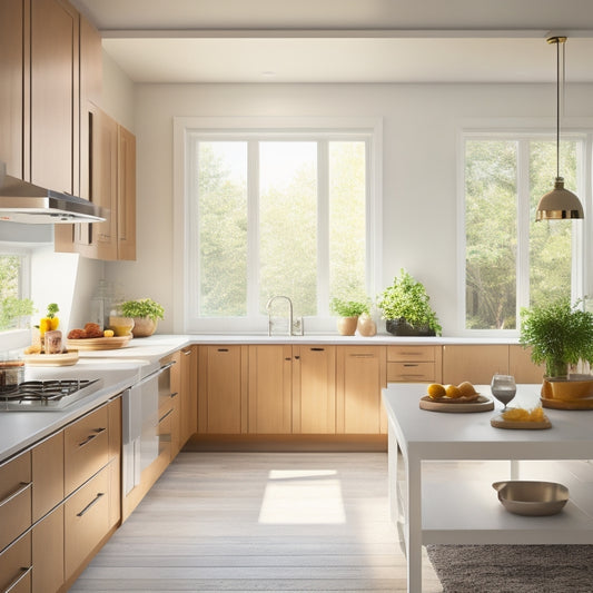 A bright, modern kitchen with sleek, minimalist cabinetry, a clutter-free island, and a few, strategically-placed, decorative accents, bathed in warm, natural light pouring in through a large window.
