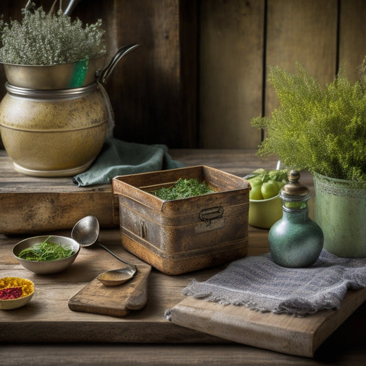 A distressed wooden table holds a vintage metal recipe box, overflowing with colorful, worn recipe cards, surrounded by retro kitchen utensils, a few scattered fresh herbs, and a linen tablecloth with subtle lace trim.
