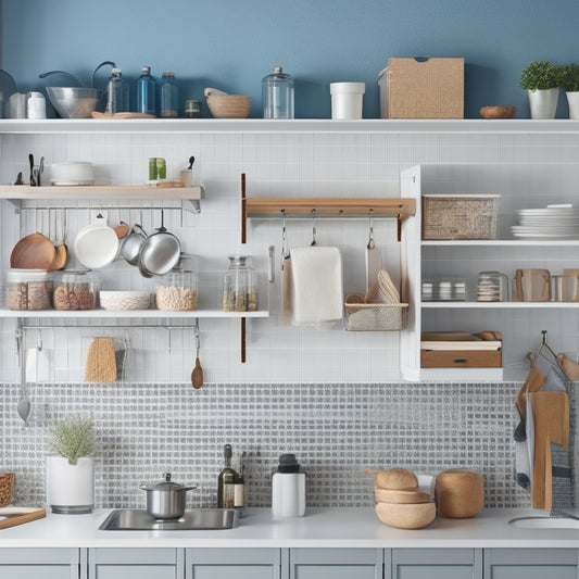 A tidy kitchen with a mix of open and closed storage solutions: a utensil organizer on the counter, a pegboard on the wall, a pull-out pantry, and a minimalist shelving unit with baskets.