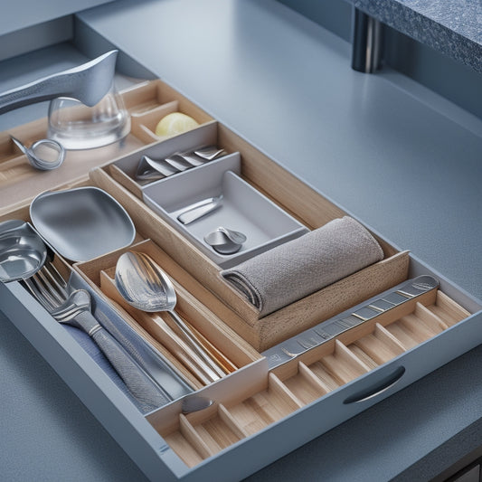 A cluttered kitchen countertop with scattered utensils, contrasted with a sleek, organized drawer featuring a customized utensil organizer with dividers and a soft-close mechanism.