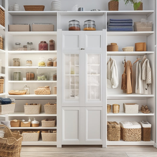 A well-lit, modern pantry with sleek, white shelves and drawers, featuring a variety of smart storage solutions, including baskets, bins, and a pegboard with hanging utensils.