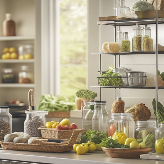 A tidy kitchen counter with a stack of labeled glass containers, a utensil organizer, and a tiered shelf filled with baskets, surrounded by a few fresh vegetables and a cookbook lying open.