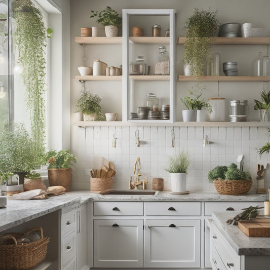 A serene kitchen with soft, warm lighting, featuring crisp white cabinets with organized contents, utensils hung on a pegboard, and a few decorative glass jars on a shelf, surrounded by a clean countertop and a few potted plants.