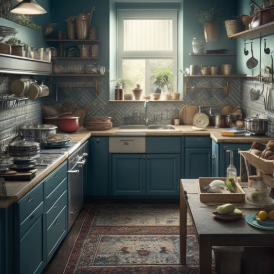 A cluttered kitchen with a narrow walkway, cramped countertops, and a messy backsplash, featuring a bulky island with a built-in sink, surrounded by scattered utensils and appliances.