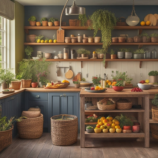 A cozy kitchen featuring a stylish wooden island with multiple storage compartments, adorned with colorful fruits, potted herbs, and organized utensils. Soft lighting highlights neatly arranged baskets and jars, creating an inviting atmosphere.