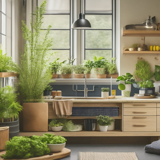 A vibrant kitchen scene showcasing various eco-friendly sink organizers made of bamboo, recycled plastic, and stainless steel, surrounded by lush potted herbs, natural light streaming in, and sparkling clean dishes in the background.