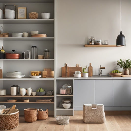 A minimalist, modern kitchen with open shelving, featuring a mix of decorative objects, cookbooks, and kitchenware, with baskets, bins, and dividers strategically placed to maximize storage and visual appeal.