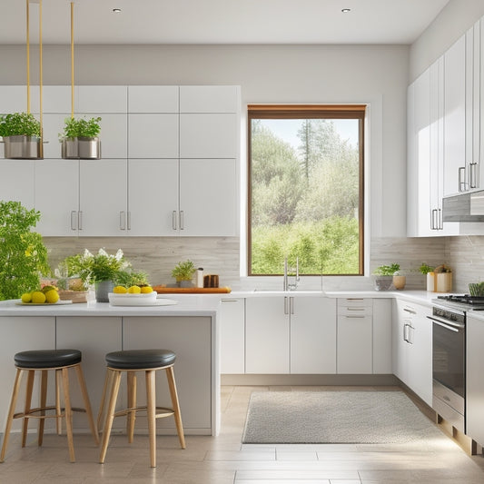 A sleek, modern modular kitchen featuring glossy white cabinets, stainless steel appliances, a central island with bar stools, colorful backsplash tiles, and vibrant potted herbs, bathed in warm, natural light from large windows.