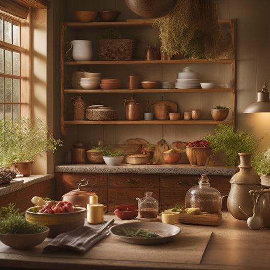 A cozy kitchen scene featuring warm under-cabinet lighting illuminating open shelves filled with colorful dishware, herbs, and cookbooks, casting soft shadows and creating an inviting atmosphere with a hint of rustic charm.