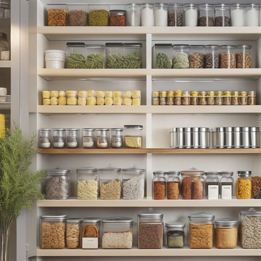 A beautifully organized cabinet with tiered spice racks, clear acrylic bins, and pull-out drawers, showcasing neatly arranged kitchen supplies, colorful containers, and labeled jars, all illuminated by soft, warm lighting.