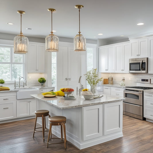 A bright, airy kitchen with sleek white cabinets, granite countertops, and stainless steel appliances, featuring a large island with a built-in cooktop and pendant lights above.